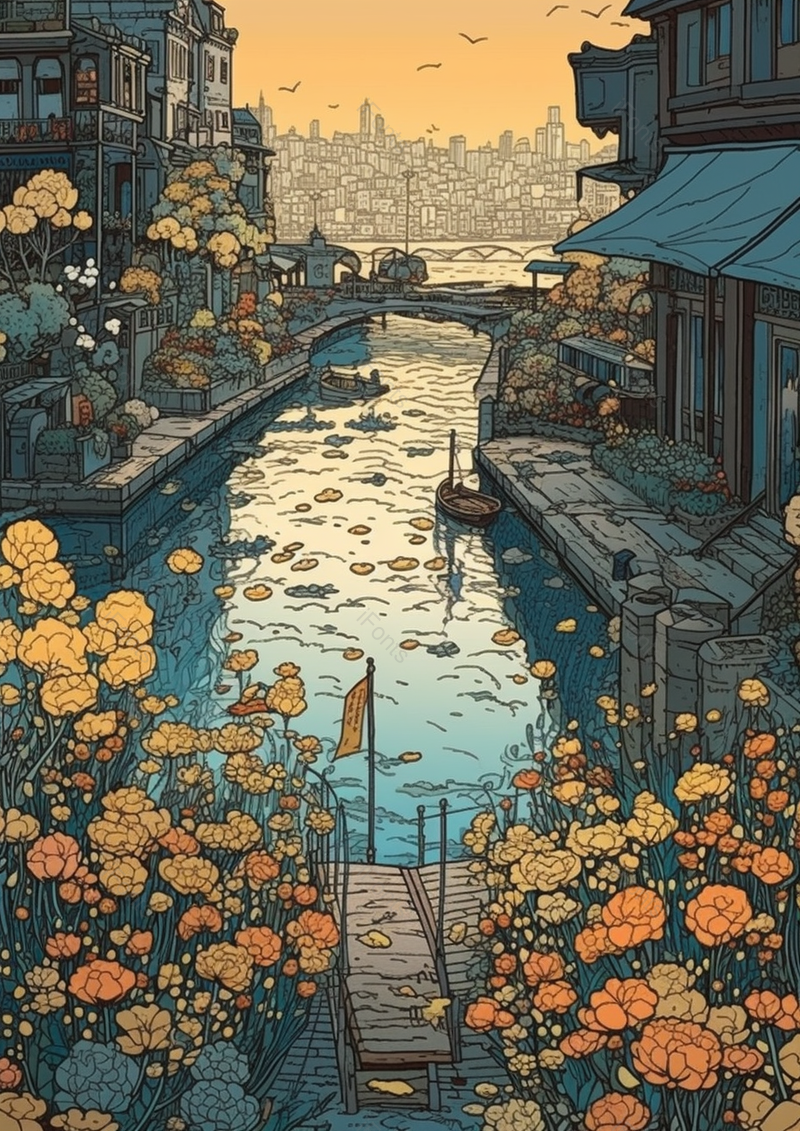 夏天繁花似锦茂盛的鲜花风景区河边的背景,插画/手绘图,插画/手绘图库,插画/手绘图下载,插画/手绘